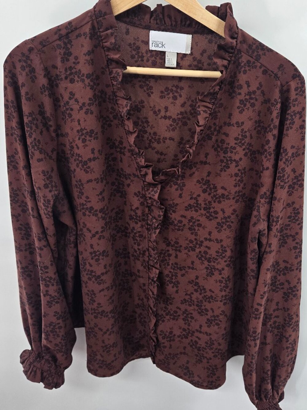 Nordstrom Rack Brown Pullover V-Neck Ruffled Neck Long Sleeved Blouse Size Large